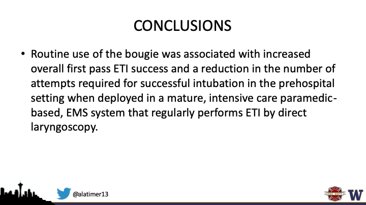 Routine use of bougie associated with improved first pass success in EMS endotracheal intubation by @alatimer13, @CatherineCounts. NNT ~ 15. #UWashEMS #NAEMSP2020