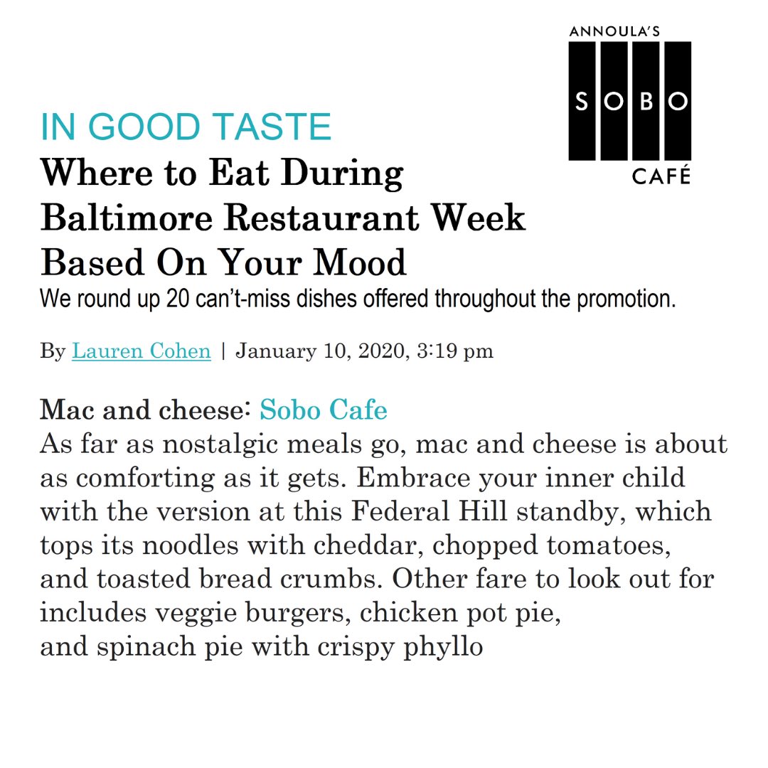 SoboCafe's tweet photo. Thanks for the love @Baltimoremag! We're featuring 3-Courses for $25! #bmorebestmacncheese #BaltRW20 #sobocafe #thanksforthelove #mybmore #bmorerestaurants https://t.co/n0HNL7ErCe