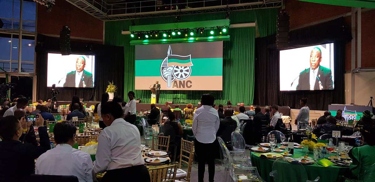 GwedeMantashe1's tweet photo. President @CyrilRamaphosa delivering a keynote address at #ANCDinner held at the Mittah Seperepere Convention Centre. The dinner precedes the #ANC108 Anniversary celebrations. https://t.co/kVrliYkTtm
