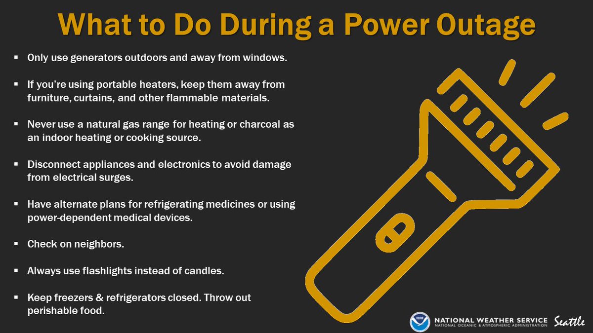 We have received some reports of power outages up in the San Juan Islands. Additional outages are possible with strong winds continuing into the early afternoon hours for areas from Whidbey Island northward. Below are some helpful tips on what to do when the power goes out. #WAwx