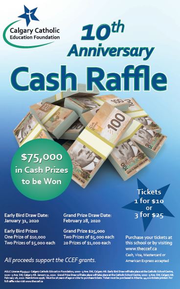 stbon_ccsd's tweet photo. The CCEF is holding a raffle in support of our Catholic schools.  The  Cash Raffle has $75,000 in cash prizing with a top prize of $25,000!  The raffle runs until February 21, 2020 and tickets can be purchased for $10 each or 3 for $25 at the school. https://t.co/nlcGp9aYOz