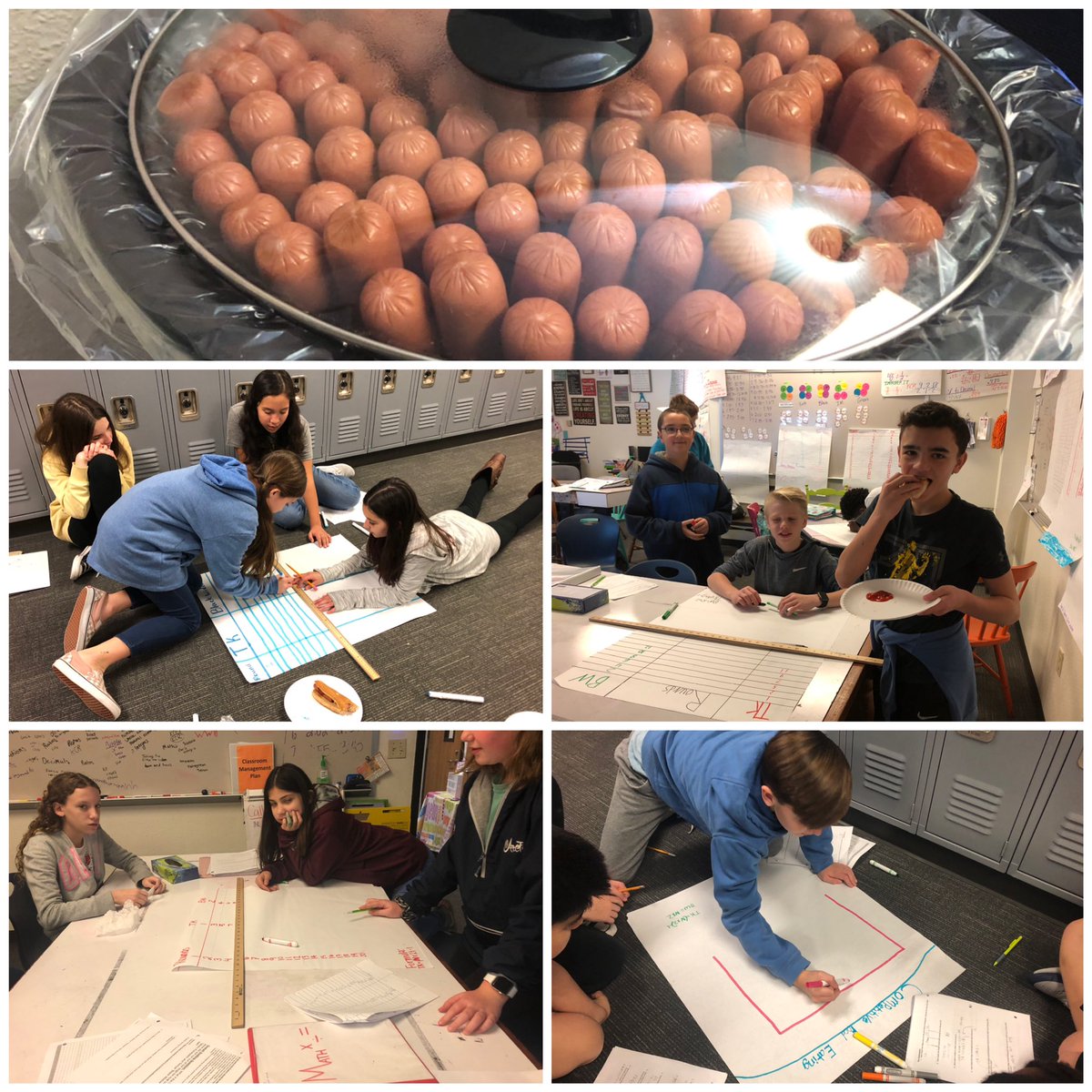 Used the @robertkaplinsky hot dog challenge to introduce Writing and Solving one/two step equations to my students today! We ate hot dogs while finishing our posters and making connections! #dowellms #misd #ilovemath #connections #investigations #deeperunderstanding #application