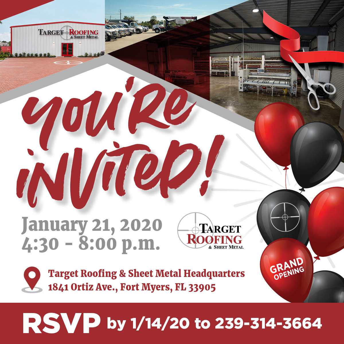 TargetRoofingFL's tweet photo. Please join us January 21st at 4:30pm for our open house at our Fort Myers headquarters with food, cocktails and a guided tour of our new facility, including live demos of some of our in-house equipment. RSVP at https://t.co/YwDVLMJ0ht. #targetroofing https://t.co/2uKZLvsx8f
