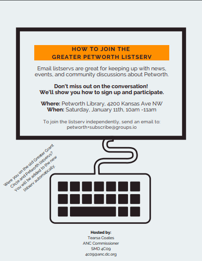 tearsacoates's tweet image. Know a neighbor not active on the Petworth listserv -- but may want to be? Knock on their door and tell them to meet me at Petworth Library, tmrw 10am. I'll be downstairs showing how to set up an email account and subscribe. #ward4proud #petworth
