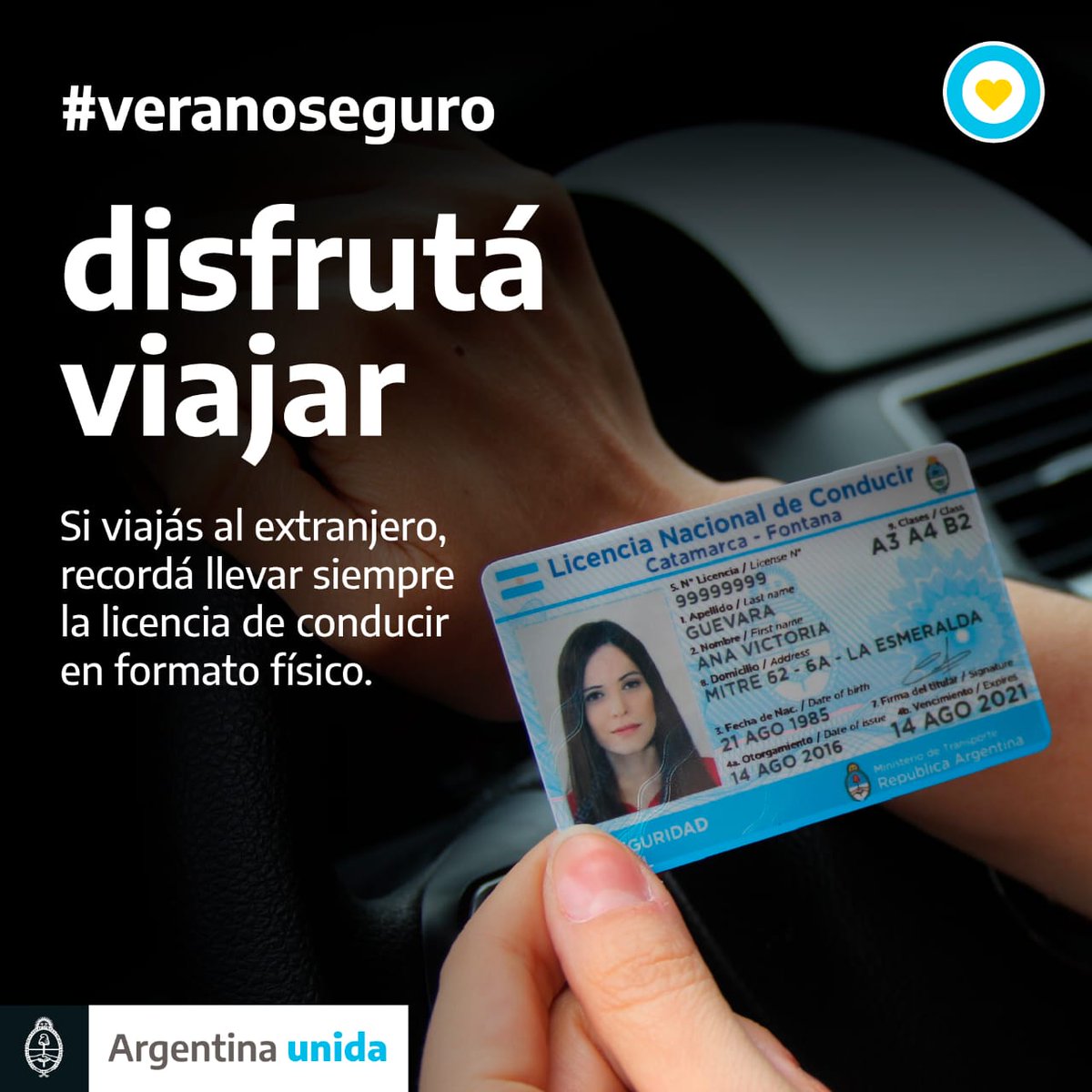 ¡Atención! Si vas a manejar en el extranjero, llevá la licencia de conducir en formato físico. Es el único documento válido para presentar ante un control. #VeranoSeguro #SeguridadVial