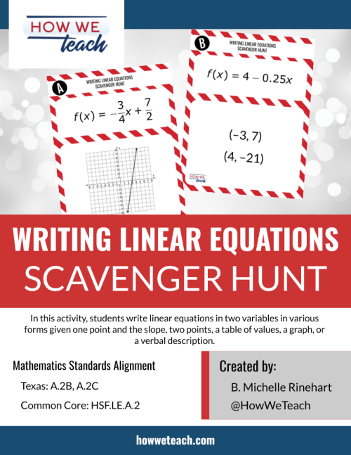DrMRinehart's tweet photo. Here are 3 free, ready-made scavenger hunts for Gr. 8 Math, Algebra I, and Algebra II!
I love the scavenger hunt structure for getting students up, talking about mathematics, and practicing across multiple representations!
Download here: https://t.co/Bq3ImFxadA
#MTBoS #ITeachMath https://t.co/f7RrPdotZS