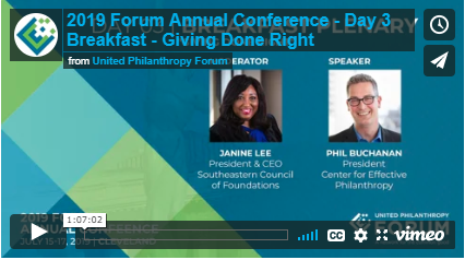 unitedphilforum's tweet photo. Check out #ForumCon19 video featuring Forum members Phil Buchanan of @CEPData & Janine Lee of @secftweets who discuss the role of the PSO field to highlight and celebrate good philanthropy while holding philanthropy accountable for its inequities. https://t.co/Oe4BFyfvtl https://t.co/OSl1oX8ByJ