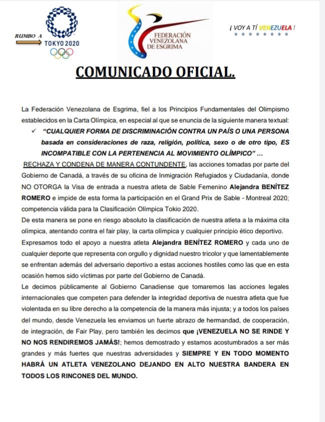 fedesgrimavzla's tweet photo. Venezuela no se rinde, ni se rendirá jamás! Rechazamos las acciones tomadas por el Gobierno de Canadá negando la Visa de entrada al referido país a nuestra atleta Alejandra Benítez Romero @BenitezVEN #VoyATiVenezuela https://t.co/Xl6bLdCxw2
