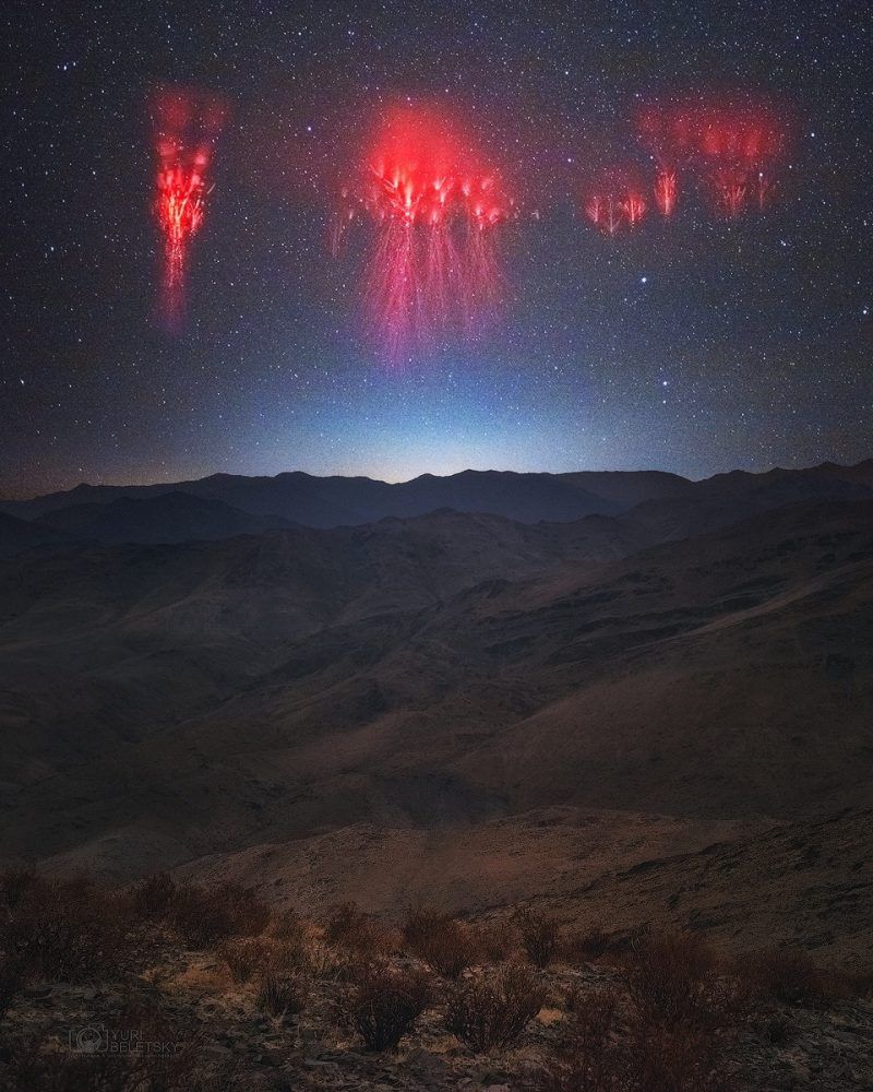 earthskyscience's tweet photo. Red sprites are large-scale electrical discharges, high above thunderstorm clouds, flickering in the night. They can be tens of miles high, but last only a few tens of milliseconds. Photographer Yuri Beletsky captured these red sprites flashing over the Andes Mountains in Chile. https://t.co/AlFTXLc57Q