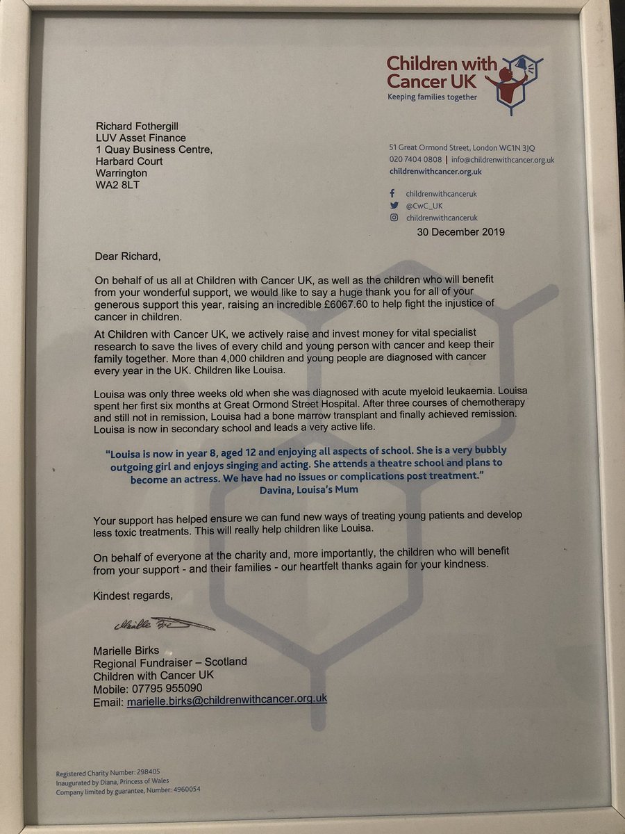 LUVAssetFinance's tweet photo. On behalf of the LUV Group I can't tell you how proud &amp; delighted I was to receive the below letter &amp; certificate following on from raising &amp; donating £6,067.60 to @childrenwithca1 on the back of another successful annual LUV Asset Finance Charity Golf Day in 2019 #fundraising https://t.co/L408Oqoga9