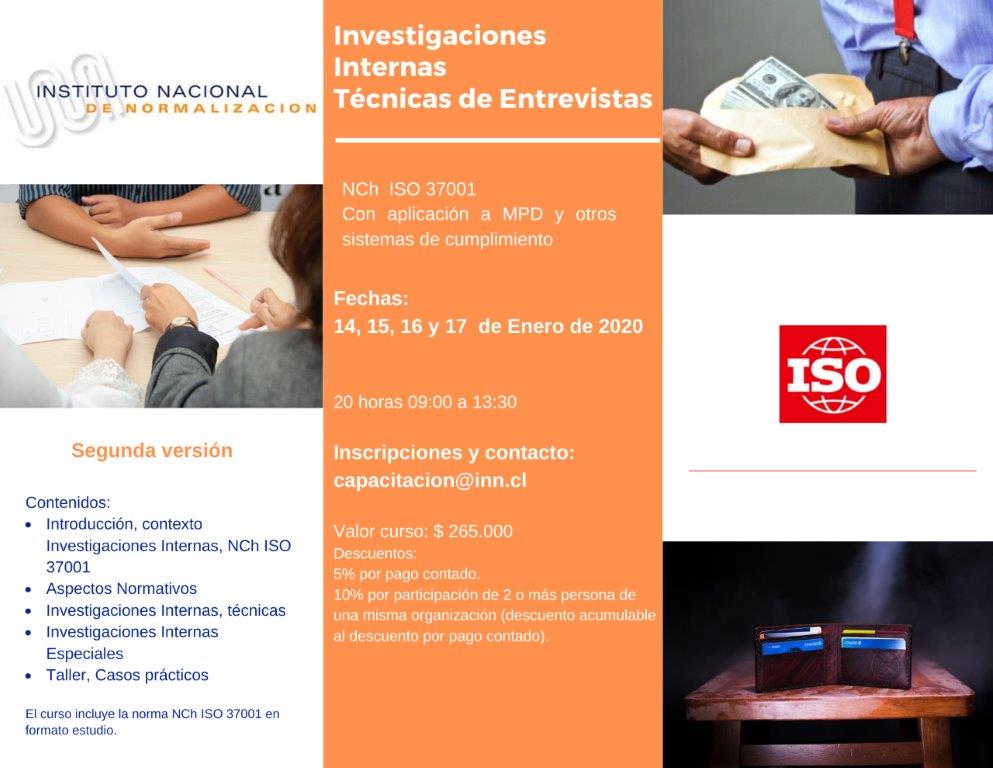 Inscripciones abiertas para el curso “Investigaciones internas técnicas de entrevista NCh-ISO 37001”