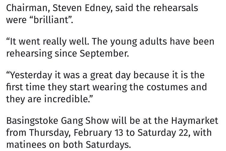BstokeGangShow's tweet photo. Some excellent coverage from the @basingstokegazette yesterday 📸 
Countdown mode: ON ✅ 
There are still some tickets available to make sure you book TODAY to avoid disappointment! 🎭 
Photo credit: alexwebsterphotography 
#basingstokegangshow #gangshow #basingstoke https://t.co/hxwu3oqpgc