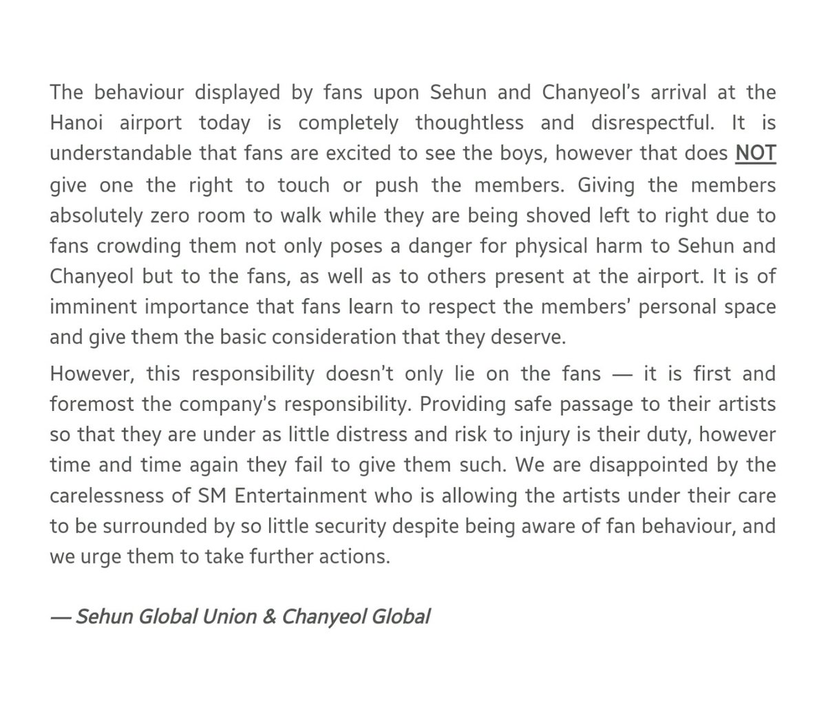 ChanyeolGlobal's tweet photo. ❗IMPORTANT❗

We strictly condemn such behaviour by fans at airport today &amp; would ask them to respect their personal space. We also hope @SMTOWNGLOBAL will take some immediate actions for Sehun and Chanyeol's security as they deserve better protection.

@weareoneEXO @Groovechaja https://t.co/K9ELaxXFUj