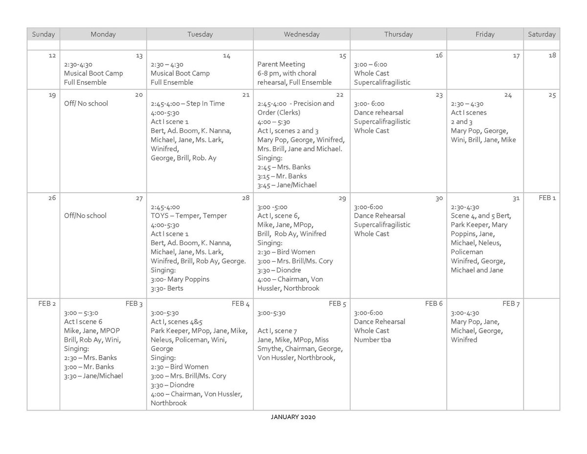 JANUARY rehearsal calendar