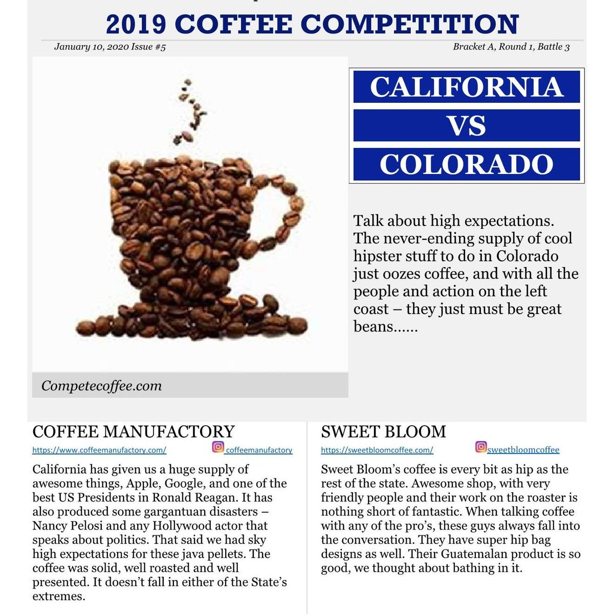CompeteCoffee's tweet photo. California @coffeemanufactory vs Colorado @sweetbloomcoffee
Left Coast vs Rocky Mountain Highs! https://t.co/IsQYlvcfs8
Blog link, F&amp;W2019 Best https://t.co/G4uToiN268, Compete Coffee https://t.co/f8sr8ygvHZ,
#coffee,#coffeetime, #compete, #coffeelover https://t.co/5cQWQqnr3T