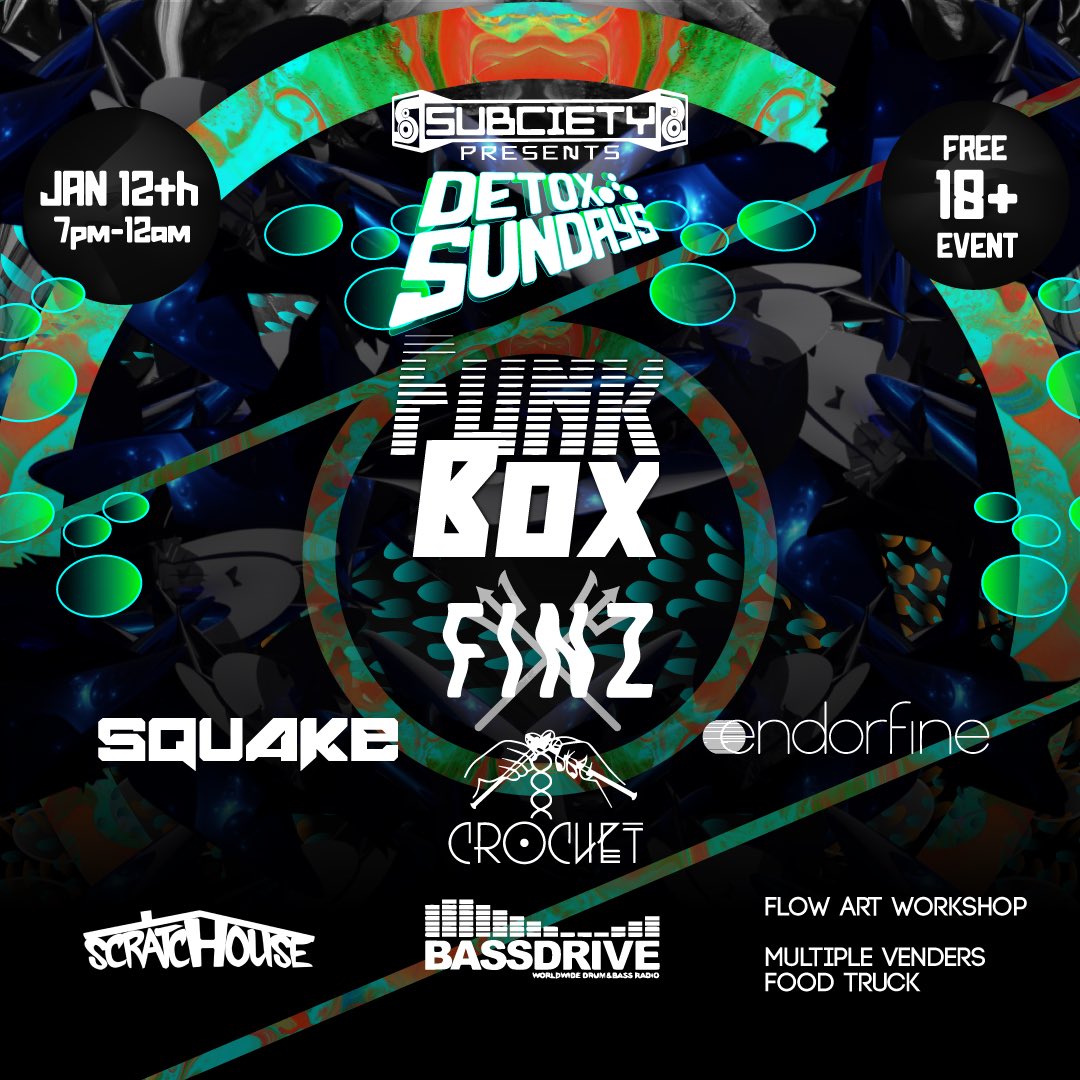 TheSubciety's tweet photo. Don’t forget the perfect way to end your weekend( and we have a full one for ya ) we have the guy @FunkBoxBeatz coming for vibes. A night of chill downtempo and good times. The detox starts and 7 and ends at 12😌 https://t.co/rAwtNzksIC