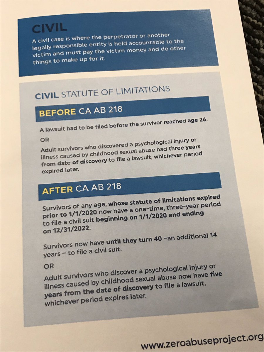 ZeroAbuseProj's tweet photo. AB 218 tackles child sexual abuse in three ways: it opens a three-year “lookback window” for previously time barred claims; extends the civil statute of limitations to age 40; and widens the definition of childhood sexual abuse to childhood sexual assault. #CVAtalks https://t.co/E8z1QKlMt4