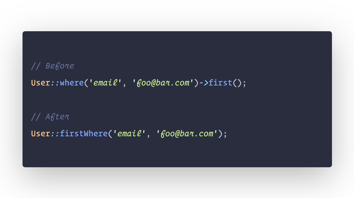 🚀 Just got a new Eloquent method merged into Laravel:

Model::firstWhere(...)

Should be in the next 6.x release 🤙

github.com/laravel/framew…