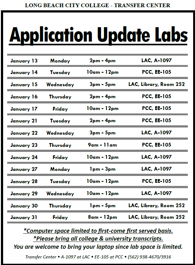 LbccTransfer's tweet photo. **Fall 2020 Transfers** You need to update your CSU &amp; UC Transfer Applications this month!  Attend an "App Assistance" lab -- check flier! https://t.co/8jp4PkNkts