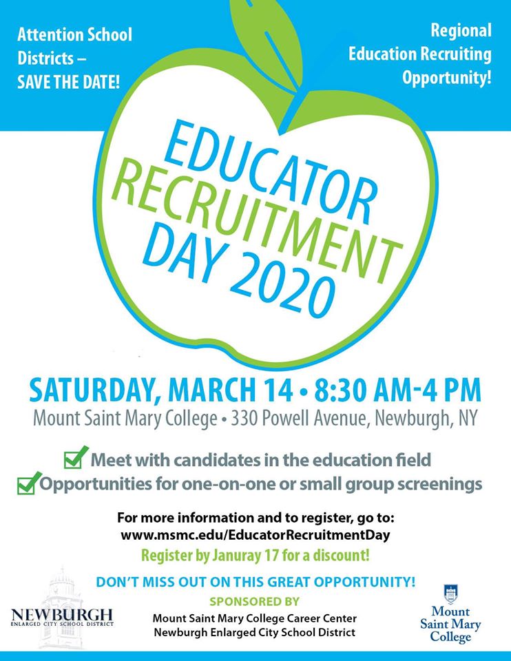 ATTENTION SCHOOL DISTRICTS
Mount Saint Mary College, in partnership with the Newburgh City Enlarged School District, will be hosting an Educator Recruitment Day! This is an opportunity for districts to hire teacher and professional staff for 
2020-2021. MSMC.edu/EducatorRecrui…