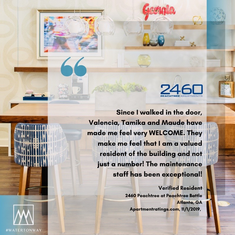 Special shout out to this 2460 Peachtree at Peachtree Battle resident! Hearing from happy residents makes our day! 💙 So proud of how hard our Peachtree team works to make their community a forever home for residents 👏 #WatertonWay #WatertonWarmth #FeelGoodFriday