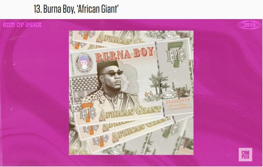 DECEMBER:4: Burna Boy performs on The Tonight Show With Jimmy Fallon10: African Giant ranked #14 Best Album in 2019 by Billboard11: "Anybody" ranked #81 Best Song in 2019 by Billboard13: African Giant ranked #13 Best Album in 2019 by Complex Magazine
