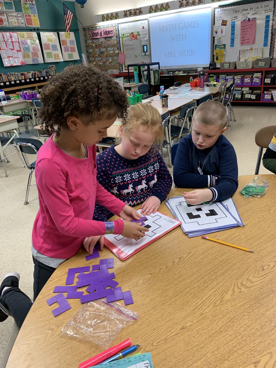 CortniJ's tweet photo. Ending the day with a bang in @Mrs_OLoughlin third grade class with a game day!! #pentominoes #patternblocks #tinypolkadot #additionwar https://t.co/gGZb5vKR9d