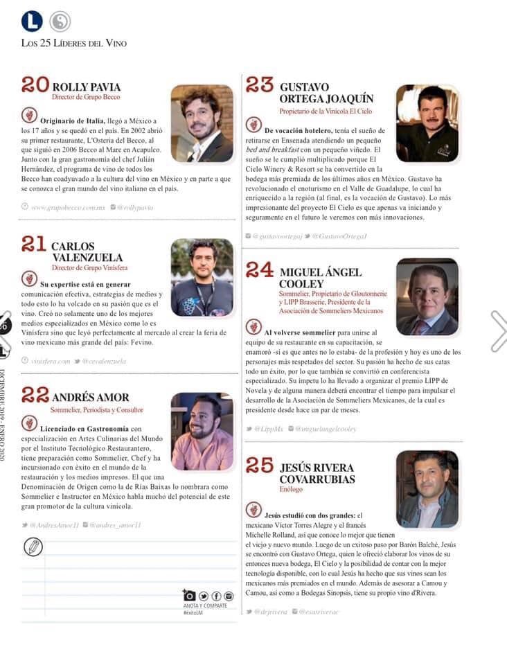 Me siento muy orgulloso y agradecido con la revista <a href="/LideresMexicano/">Líderes Mexicanos</a> por incluirme entre los 25 líderes del vino en México.
Felicidades a todos los que se encuentran en la lista por apoyar el desarrollo del vino en nuestro país, y gracias a Jorge y Raul Ferraez, Ivonne Bacha Baz