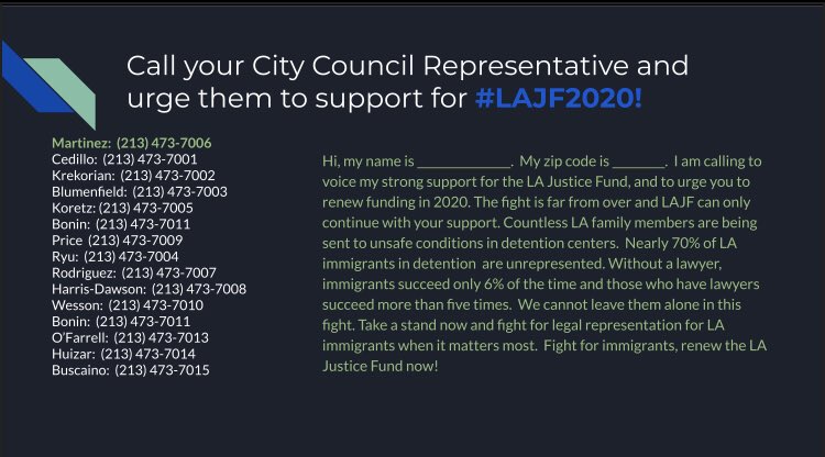 JusticeLANow's tweet image. Please call upon your City Council Representative to #ListenToCommunity by standing with #LA immigrants and supporting #LAJF2020 Below is a script that you can use in your call along with the phone numbers of representatives! #DueProcess4All #LAJusticeFund2020