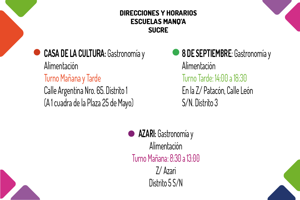 ManqaEscuelas's tweet photo. Las DIRECCIONES, HORARIOS y ESPECIALIDADES en las Escuelas Manq'a Sucre son las siguientes: ⬇️ https://t.co/IBwBt3M4nE