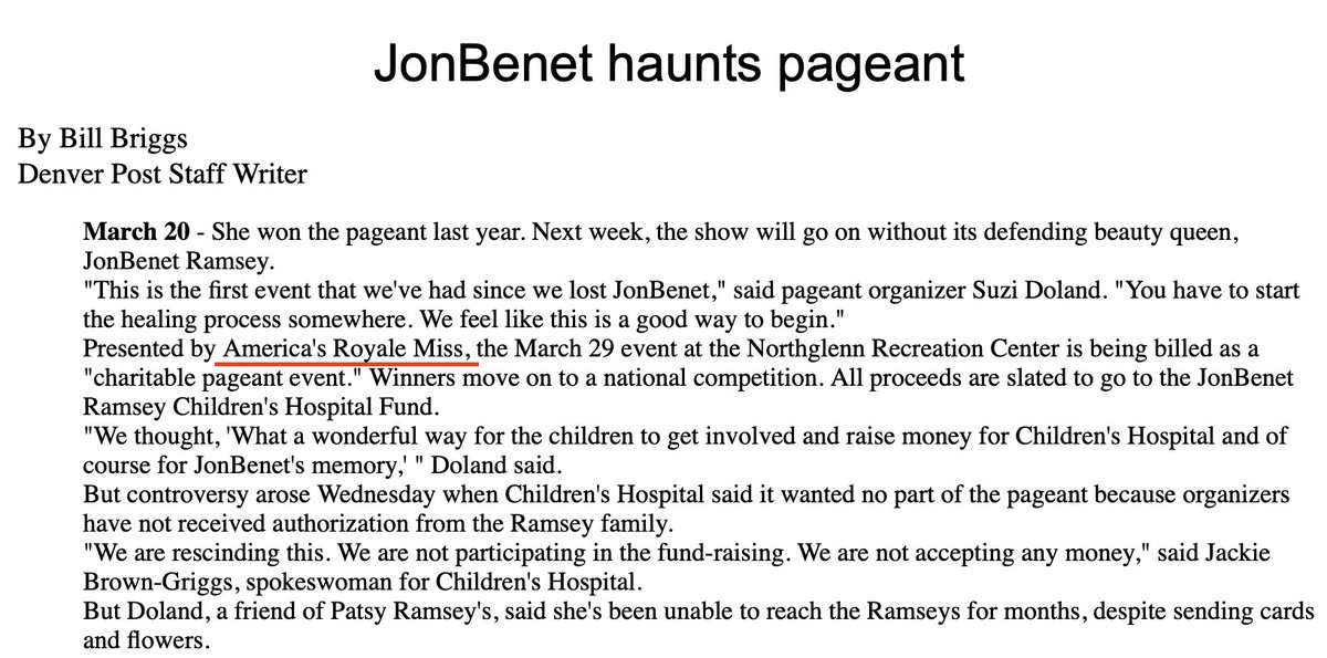 And how could we forget "America's Royale Miss"?Another of JonBenet's supposed pageant victories, and yet another digital dead end.The only hint of existence outside of JBR's bonafides comes from an article in the Denver Post, "JonBenet Haunts Pageant"  https://extras.denverpost.com/news/jon48.htm 