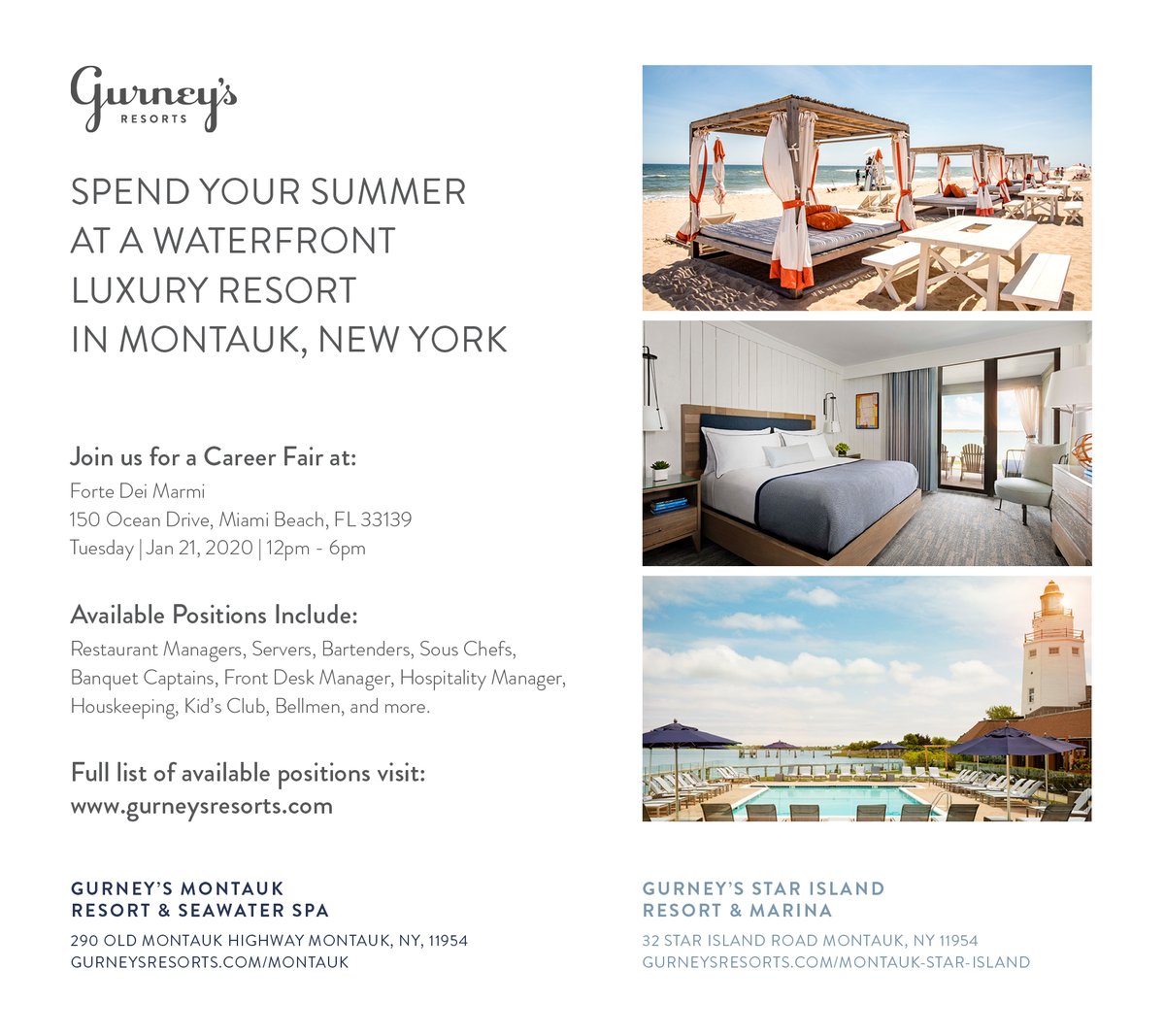 Are you based in Miami and looking for a summer job opportunity in Montauk? Join us for a Career Fair at Forte Dei Marmi on January 21, 2020 from 12-6pm. Hope to see you there! #careerfair
