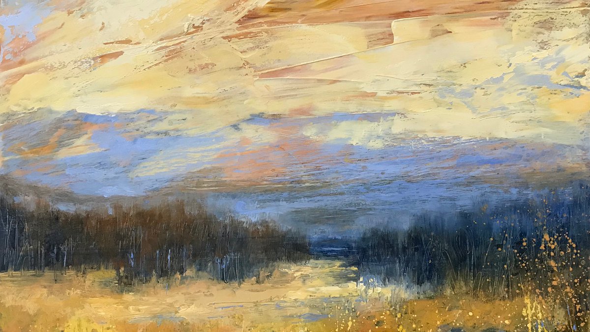 Working with a limited palette and a rubber colour shaper for big swoosh clouds. moniquecarr.com #oilpainting #landscapepainting #landscapelovers #fineart #impressionism