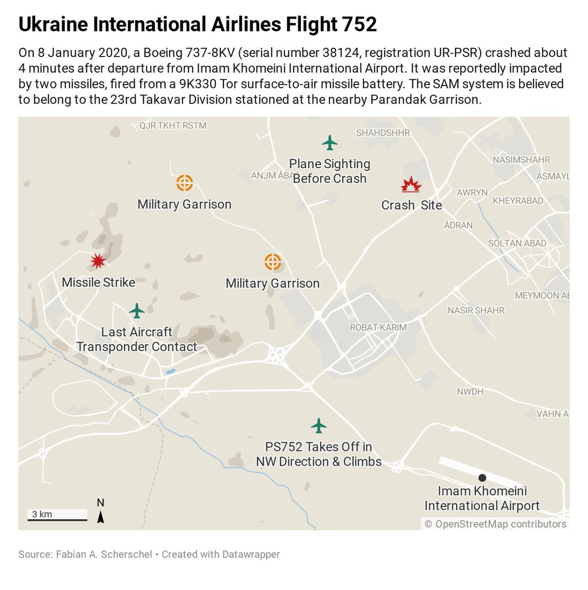fabsh's tweet photo. I made this chart of all pertinent locations of the #PS752 crash for my podcast @radionw. Feel free to reuse it. #UkraineInternationalAirlines #Ukraine737Crash #UkraineFlight752 

https://t.co/nsaIYIegmE https://t.co/dSGJl3rkYe