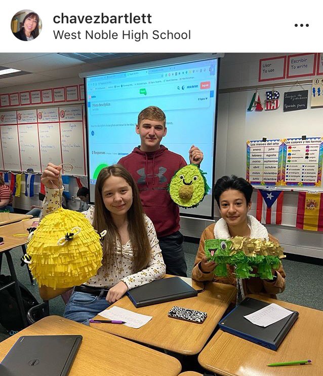 WestNobleHS's tweet photo. “Sweet” lesson today in Spanish. Fun Piñatas created by students. Look forward to visiting when they’re cracked open! #ShowMeTheCandy #Chargers #WNHS https://t.co/jus53l5W64