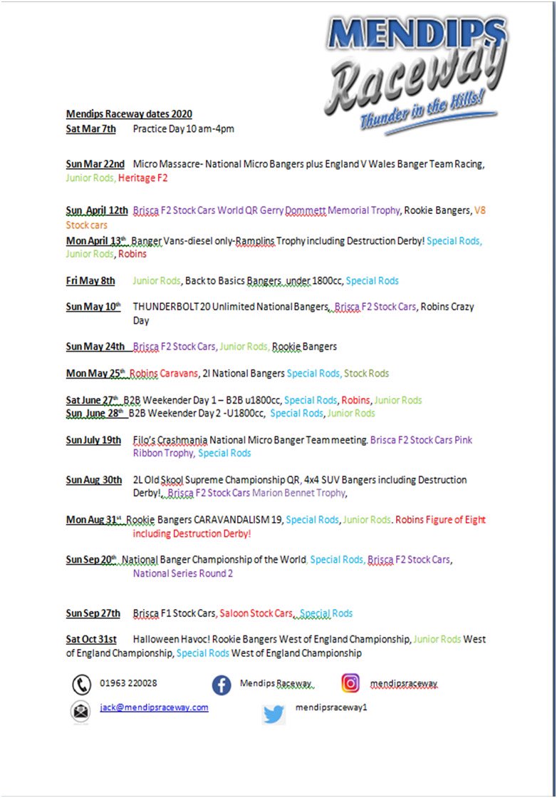 Mendips Raceway Fixtures 2020 ⚡️