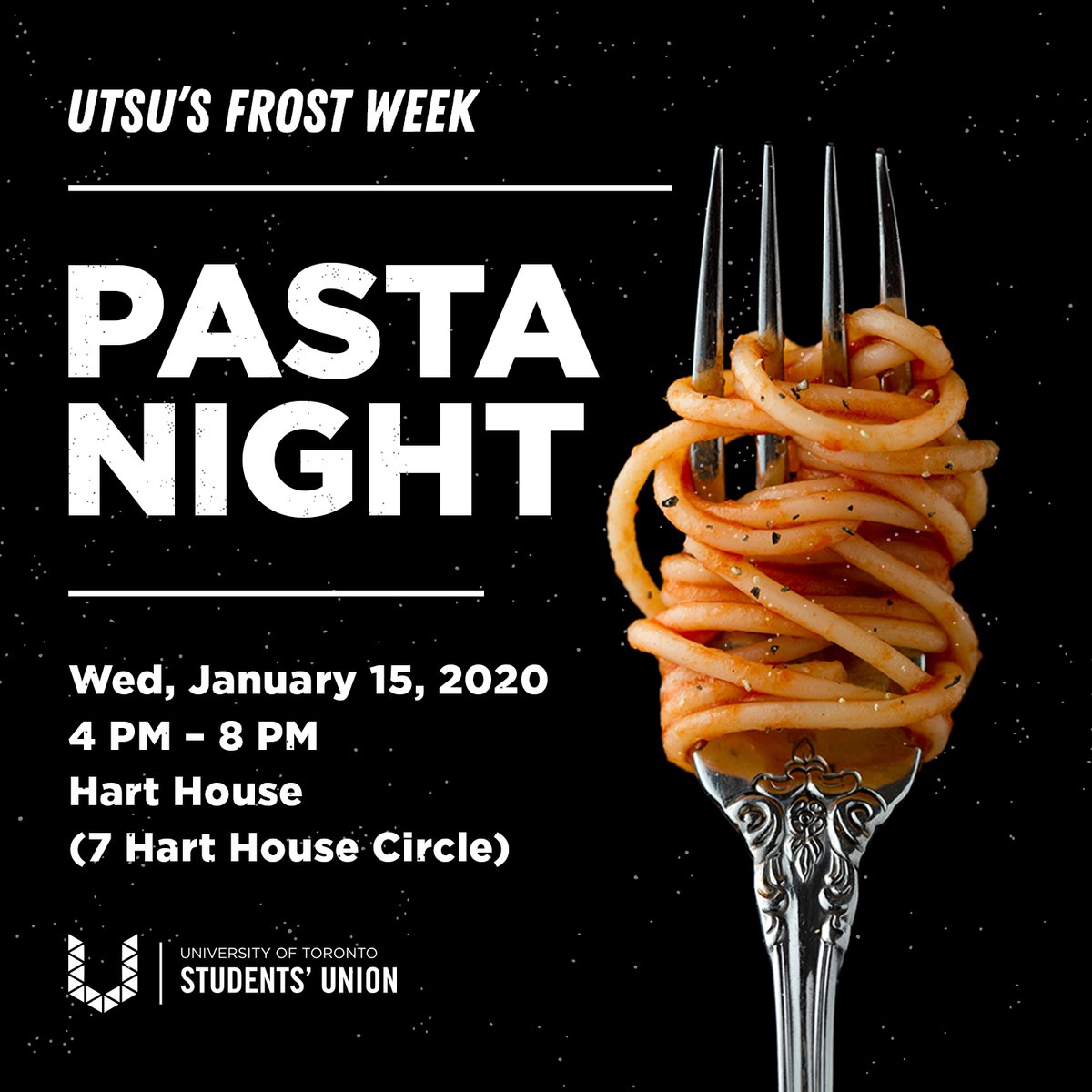 uoftsu's tweet photo. We're continuing #FrostWeek on Wednesday, January 15th with our Pasta Night in Hart House!
Bring your own reusable bowl for a chance to win amazing prizes! Donation of a non-perishable food item goes to UTSU Food Bank!
For more info, see here: https://t.co/bKORl5N48h https://t.co/e46FTbzFDg