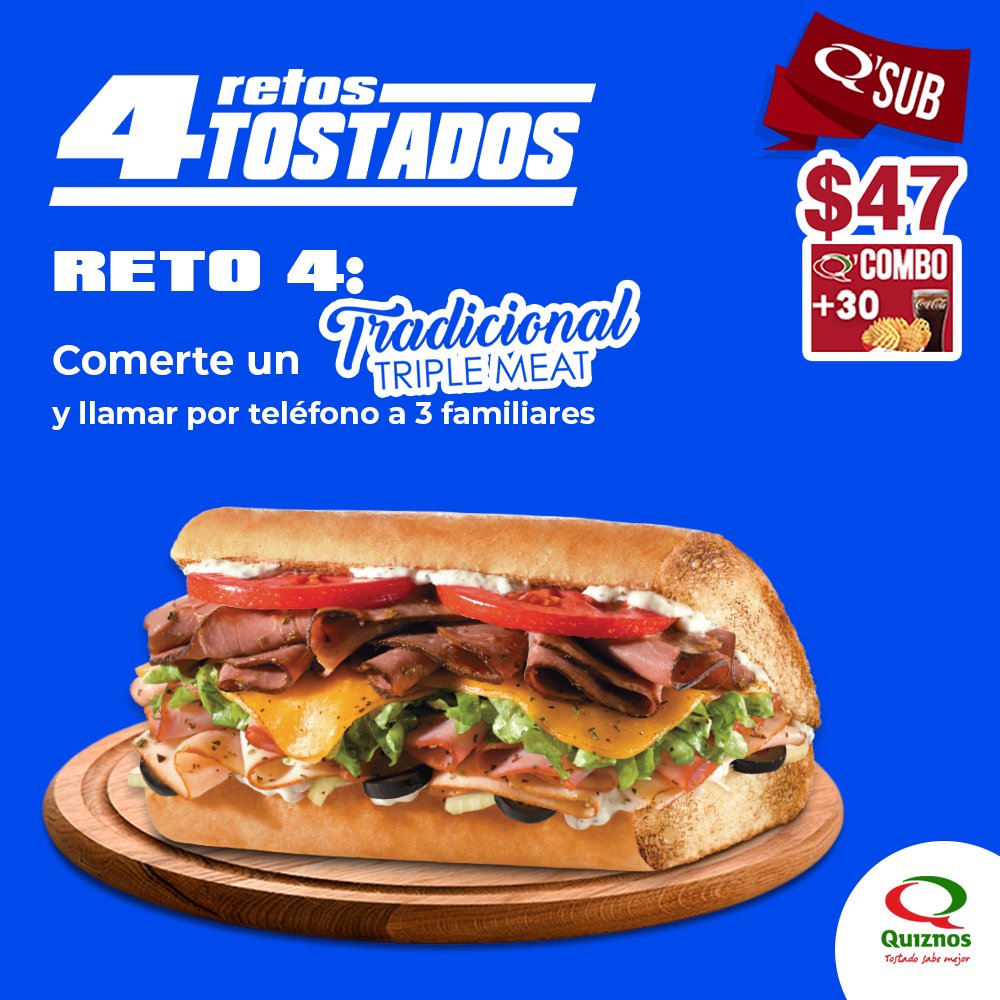 quiznosmx's tweet photo. ¡Llegó el último de los #4RetosTostados! Así que te esperamos para que disfrutes hoy del #TradicionalTripleMeat al mejor precio de la semana. ¡Agrándalo hoy a 22cm por solamente 22 pesos adicionales! 😋🧀 #TostadoSabeMejor https://t.co/MHShEXO5hC