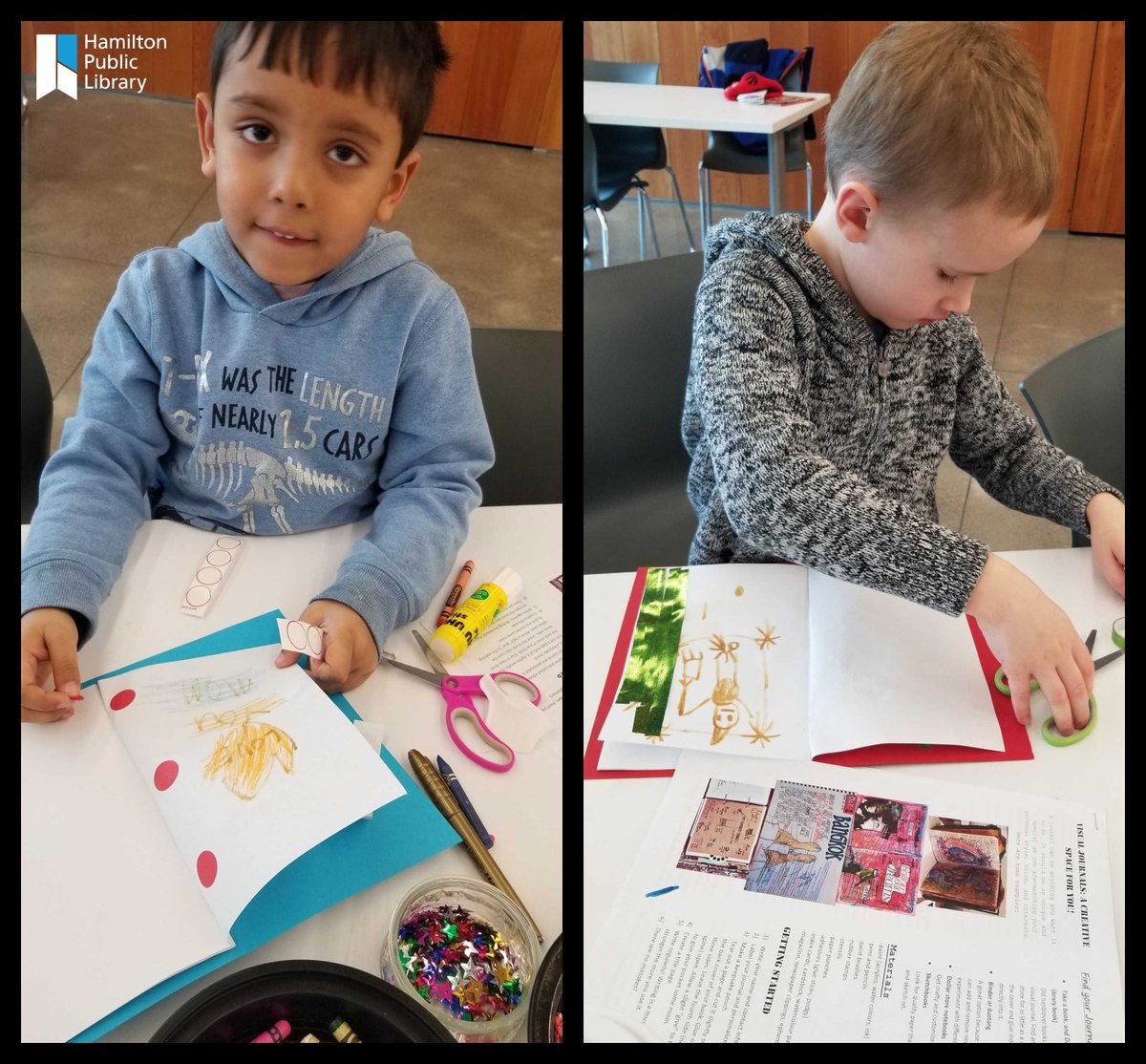 HamiltonLibrary's tweet photo. Sohan and Robert started the new year with some reflection and creativity - designing and making their their own journals at #HPLWaterdown. Join us Saturday January 18 at 2:30 for our Maker Cart program to make your own journals and more! Geared to ages 4-12. #HamOnt www.hplca https://t.co/otJtAIsKct