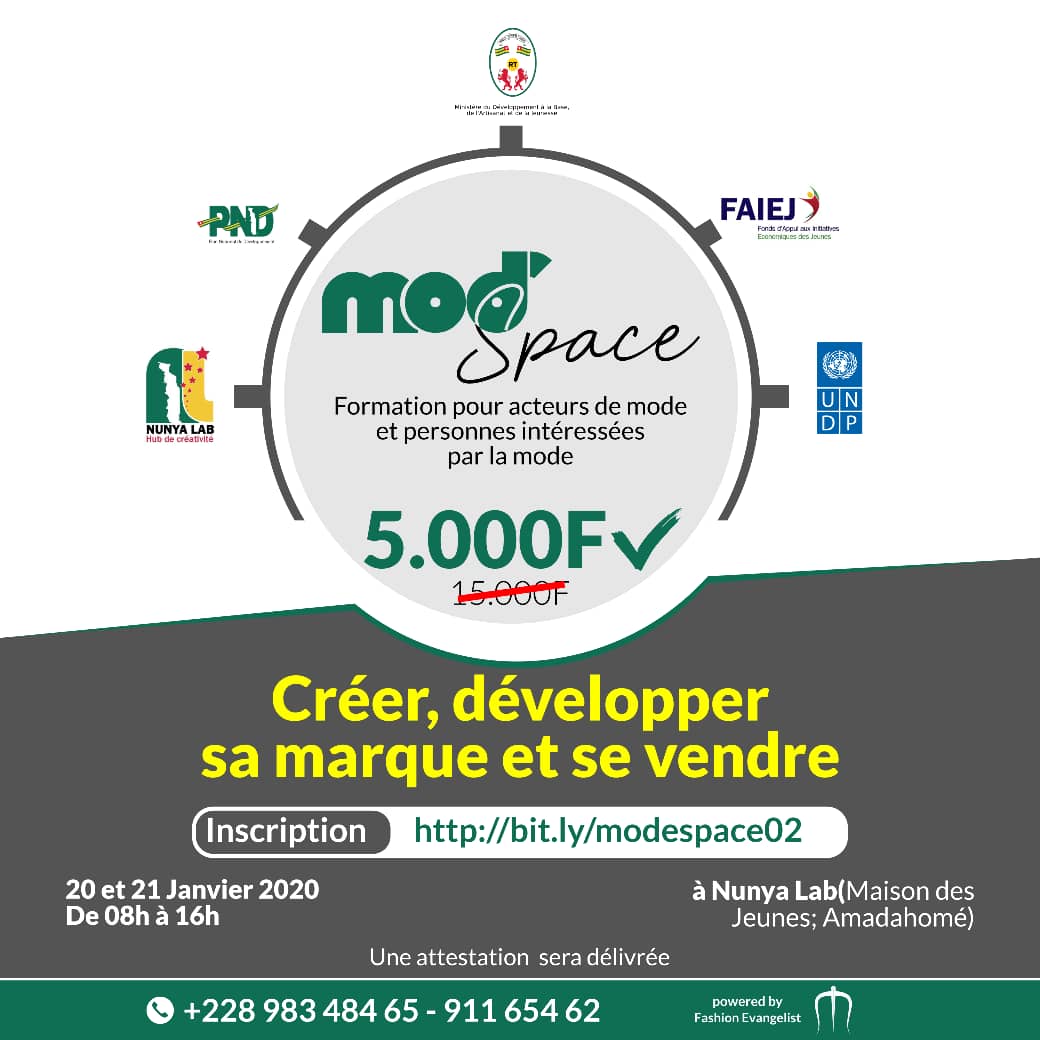NunyaLab's tweet image. Session spéciale #ModeSpace : une formation certifiante pour acteurs de #mode et aspirants, les  20 - 21 Janv. 2020 à @NunyaLab  
Inscription en ligne sur : bit.ly/modespace02
Contact: +22891165462 - 98348465
@LomeMjl  @Devbase_Tg  @NunyaLab @DogbeVictoire @faiejtogo