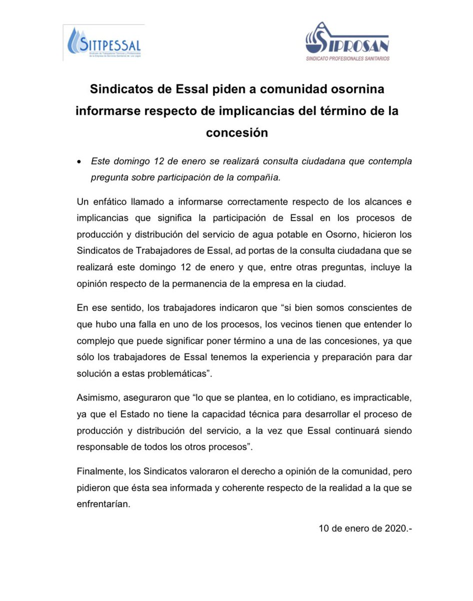 Sindicatos de #Essal piden a comunidad osornina informarse respecto de implicancias del término de la concesión