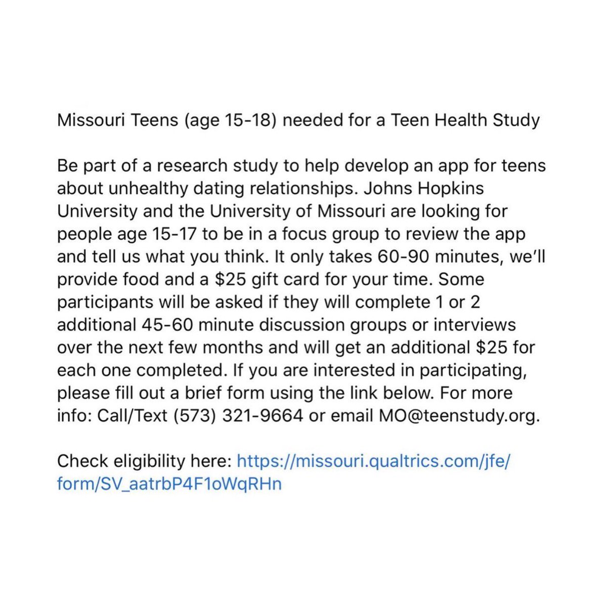 DrChukaEmezue's tweet photo. Be part of a study to develop an app for teens on unhealthy dating relationships. JHU and MU are looking for people age 15-17 to be in a focus group to review an app. $25 for participating. Check eligibility here: https://t.co/KDvoQ7oRzX #teen #Health #TDV https://t.co/5rsZ5iIMnQ