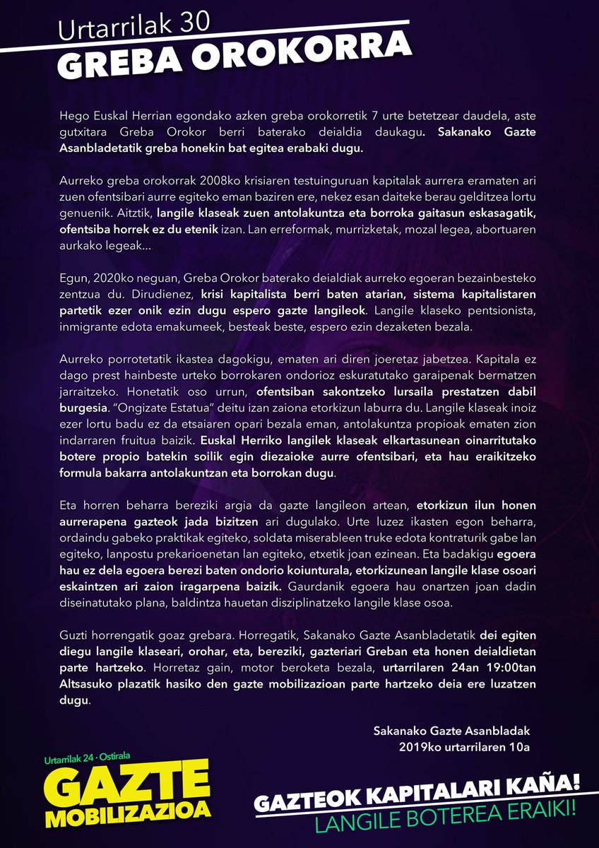 AltsasukoGA's tweet photo. Sakanako Gazte Asanbladak Grebarekin bat egiteko prentsaurrekoa egin dugu gaur.

Gazte langileok lehen lerrora! Jo Ta Ke!✊

⏩ Urtarrilak 24 • Gazte Mobilizazioa!
📄Irakurketa.👇

Gazteok Kapitalari Kaña!
#LangileBotereaEraiki
#U30GrebaOrokorra 🛑 https://t.co/jwaYOQnRP2