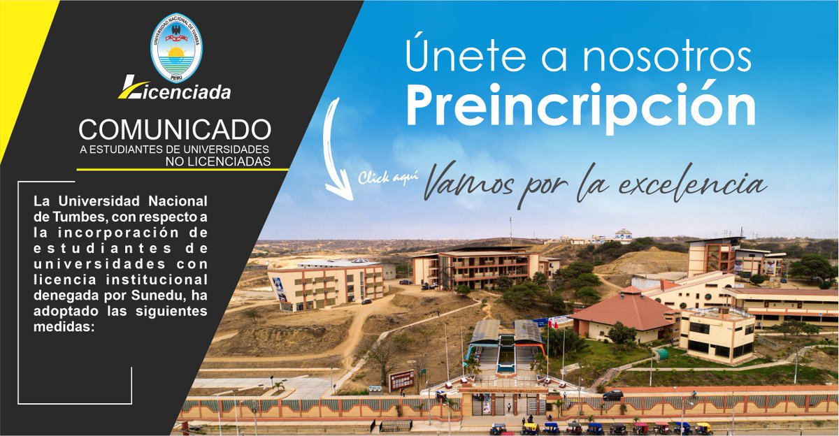 de_tumbes's tweet photo. Atención estudiantes de universidades con licencia denegada. Llena el formulario y sabremos el interés que tienes en las carreras que ofrecemos. Este proceso de preinscripción, está sujeto a las disposiciones que la universidad y el Minedu establezcan.
https://t.co/iWQmAkMKAI https://t.co/pHFJsGmblR
