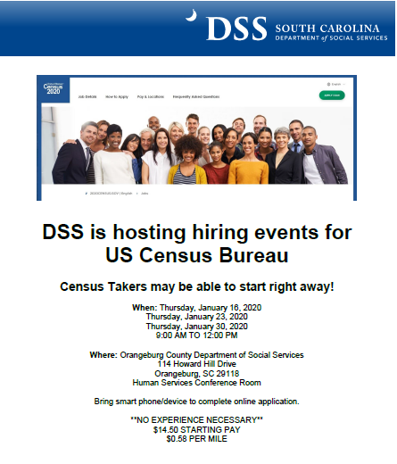 SC_DSS's tweet photo. #SCDSS is hiring US Census Takers! Come out to one of our three hiring events in January. Census Takers may be able to start right away! #hiring https://t.co/DtMGTrkdZb