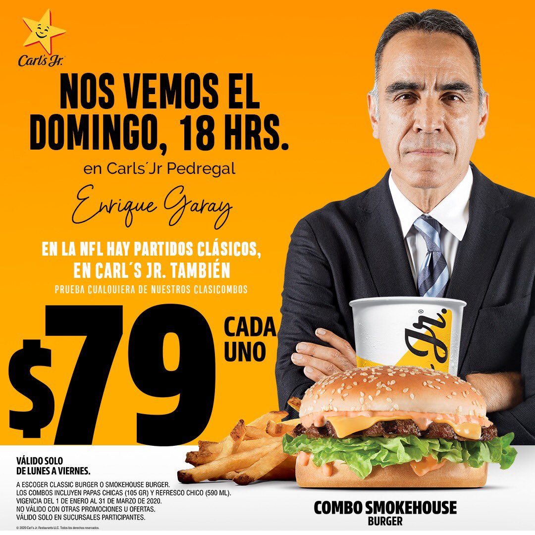 quiquegaray's tweet photo. Queridos amigos los espero el domingo: #CarlJr @CarlsJrMx https://t.co/MxVGzhqoQL