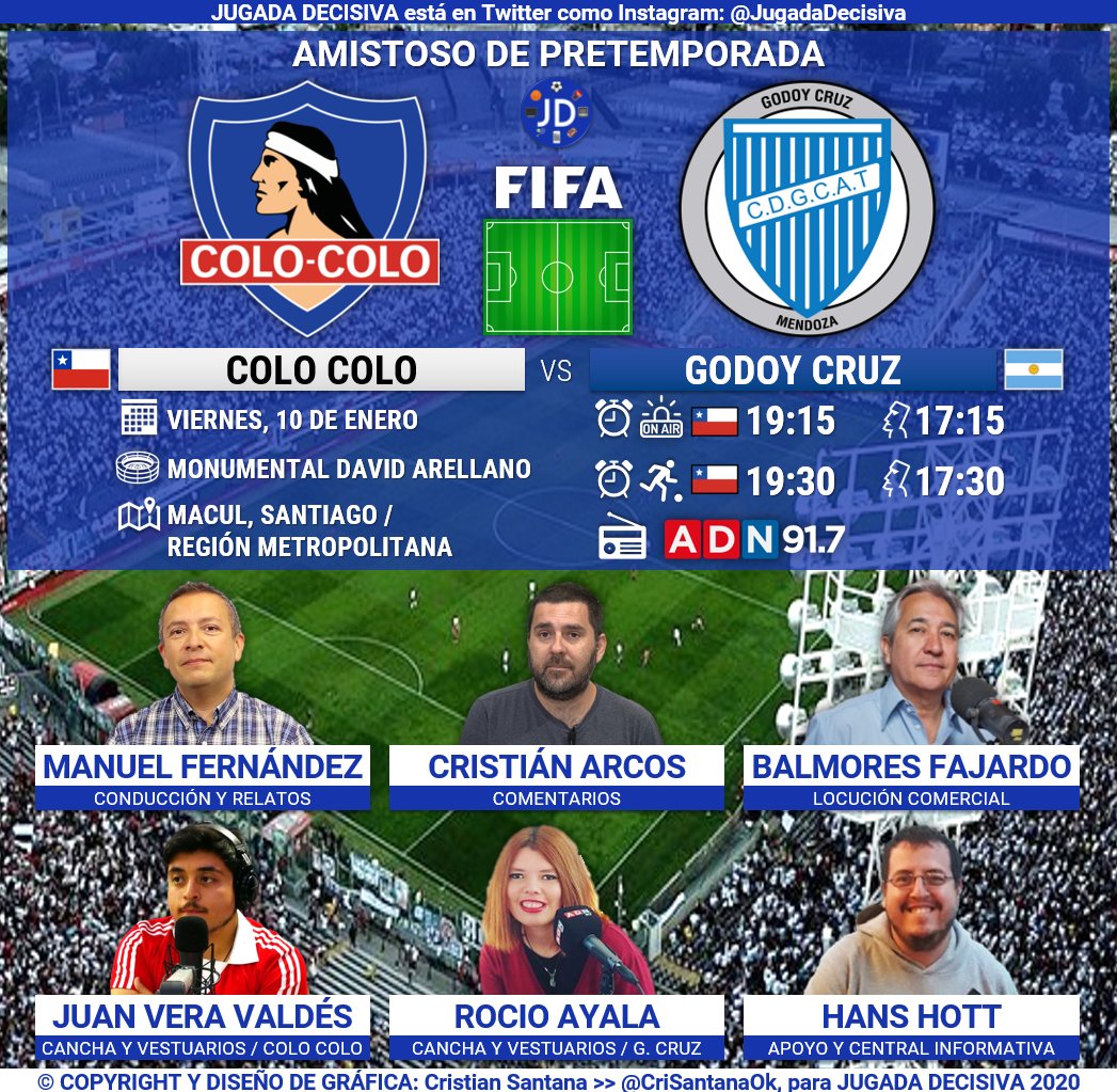 GuiaFutbolera24's tweet photo. ⚽Amistoso de Pretemporada
Colo Colo 🇨🇱🆚 🇦🇷 Godoy Cruz
🎙️Relatos: @sostienemanolo
🎙️Comentarios: @carcosmorales
🎙️Cancha: @JuanVeraV y @RociAyalaE
🎙️Información: @hahott
🎙️Locución: Balmores Fajardo
🤳🏻#ColoColoEnADN
📻 @adnradiochile
🔃 y/o 💟 https://t.co/xtvMFfl4b6