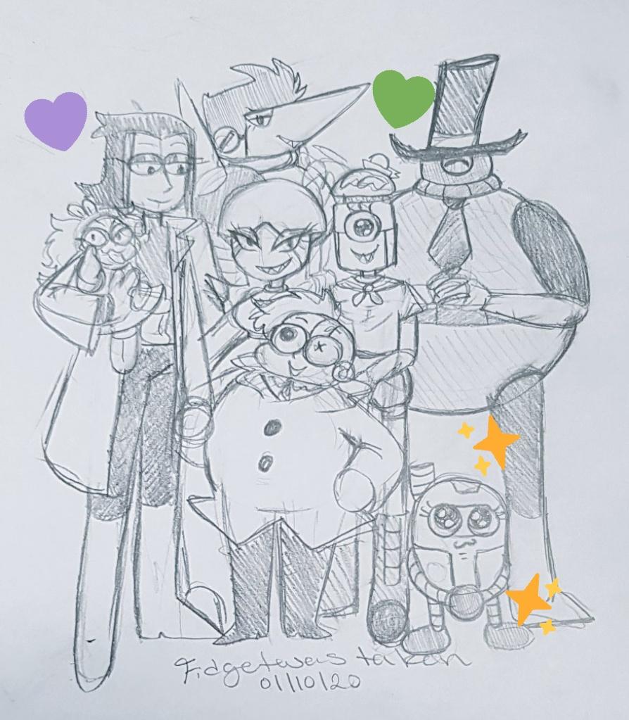FidgetWasTaken's tweet photo. The family, possibly a wip but wimp wurmp idk, please enjoy 💜💚
#okkoletsbeheroes #okko #voxman #boxman #professorvenomous #fink #boxbots #raymond #darrell #shannon #jethro #ernesto https://t.co/mVl5PKzLIg