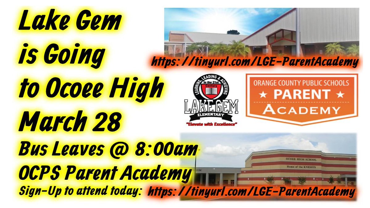Lake Gem will be attending the March 28 OCPS Parent Academy. It's all free. All of your family are invited. Let's win the attendance award. Sign-up today for the bus here:
tinyurl.com/LGE-ParentAcad…
-------
<a href="/ParentAcademyOC/">OCPS Parent Academy</a>
<a href="/OCPS_PFE/">OCPS Parent and Family Engagement</a>
<a href="/LgeParent/">LGE Parent Engagement</a>
