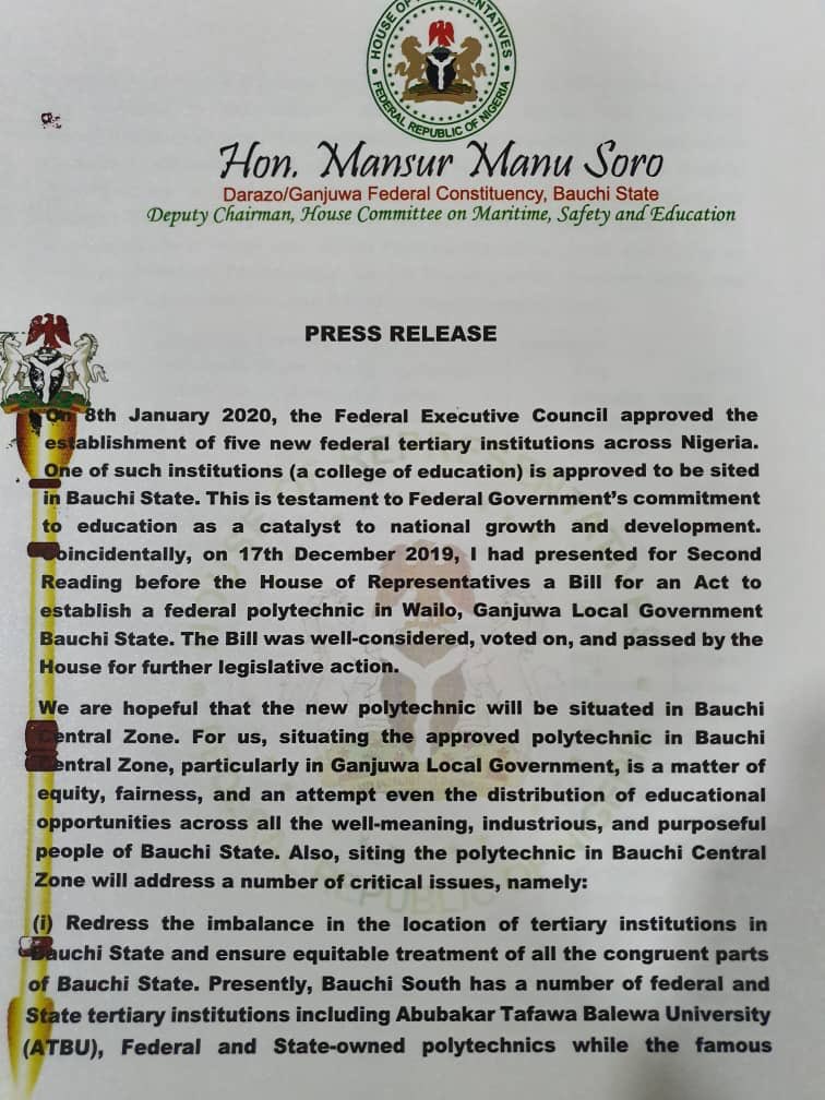 RepManuSoro's tweet photo. Press release on the newly approved Federal College of Education Bauchi @MBuhari @daily_trust @MobilePunch @TheNationNews @channelstv @AIT_Online @LeadershipNGA @femigbaja @THISDAYLIVE @GuardianNigeria @nairaland @legitngnews @bbchausa @voahausa @vanguardngrnews @daily_nigerian https://t.co/EVanGuu6mF